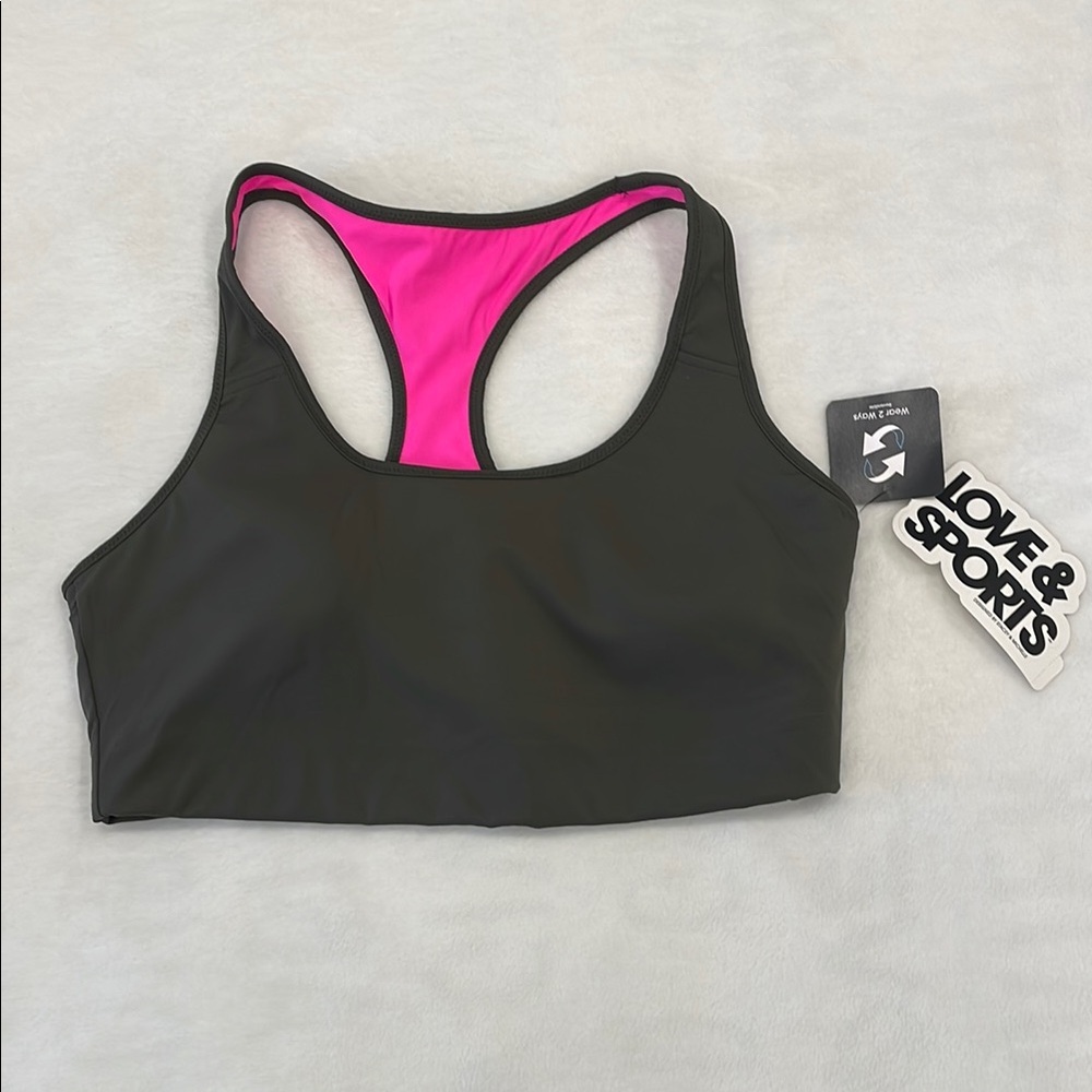 Love & Sports Women's olive and Pink reversible core Sports Bra large